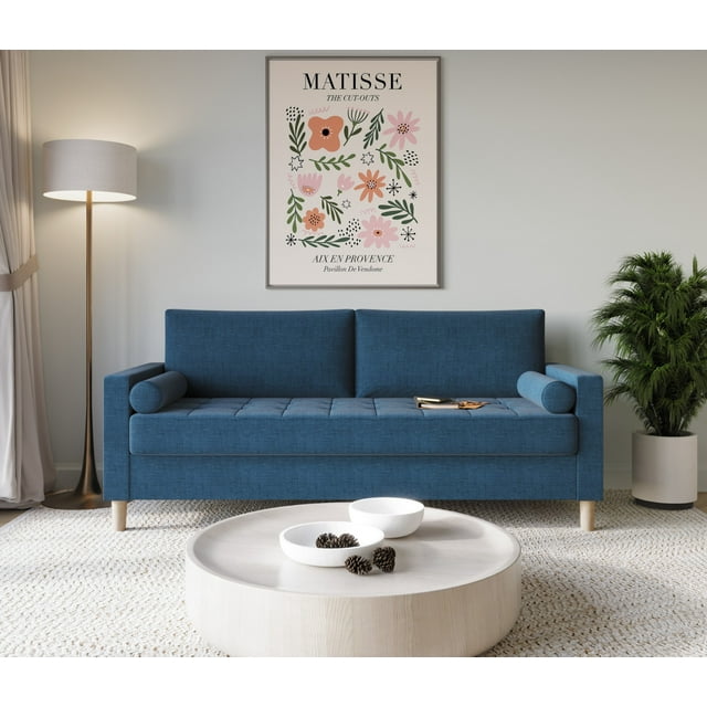 HMD Astoria Linen Square Arm 3-Seater Sofa with 2 Throw Pillow, Blue