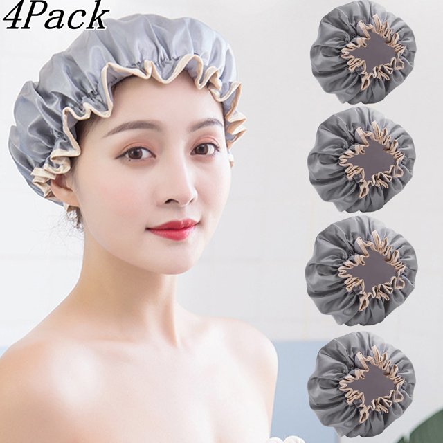 Djiypn Shower Caps for Women, 4 PCS Elastic and Reusable Bath Caps, Double Layers Shower Cap, Waterproof Bathing Shower Caps, Washable Hair Bath Hat - Gray