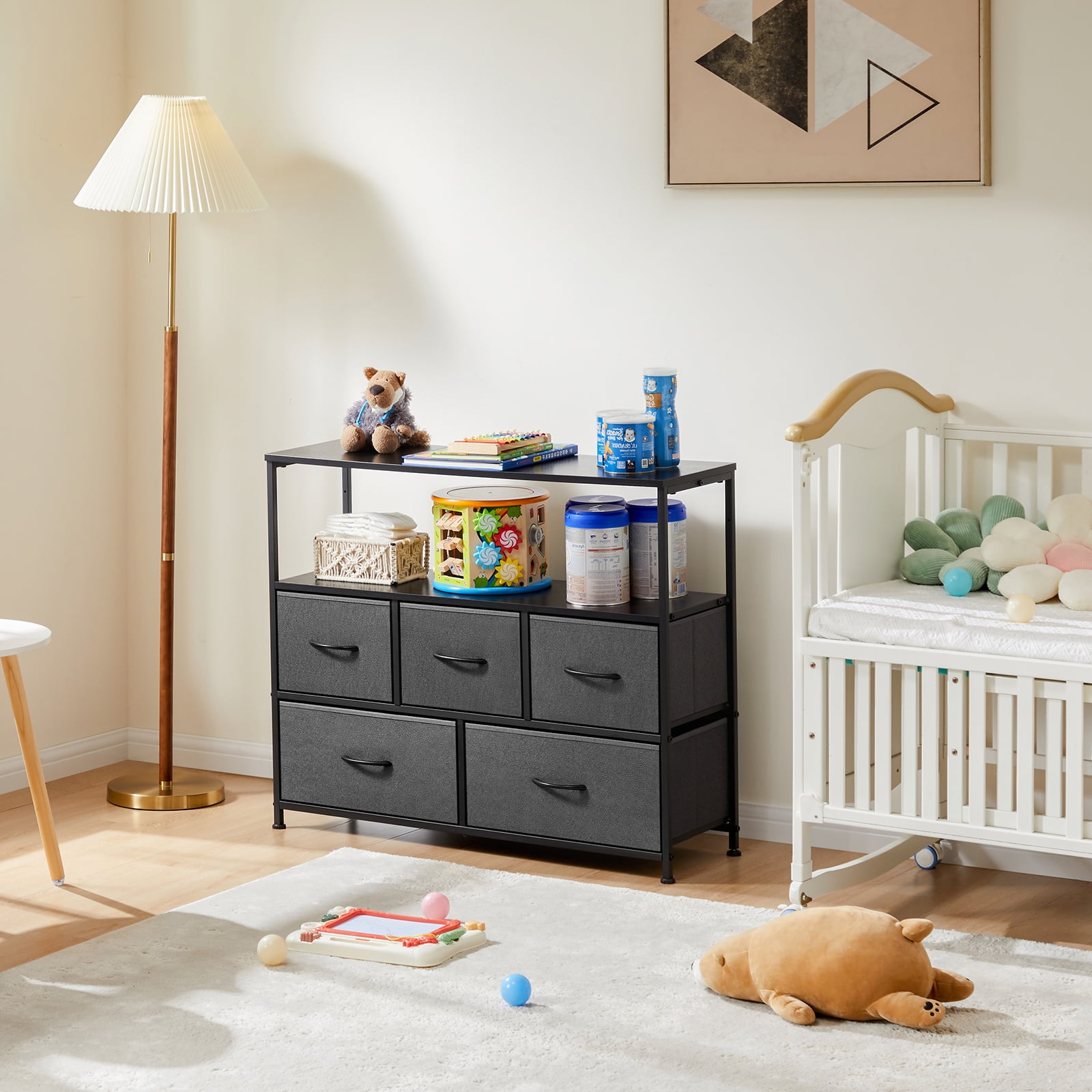 MAYEERTY TV Stand with Fabric Storage, Tower Storage Cabinet Dresser & Chest of 5 Drawers Organizer, Gray