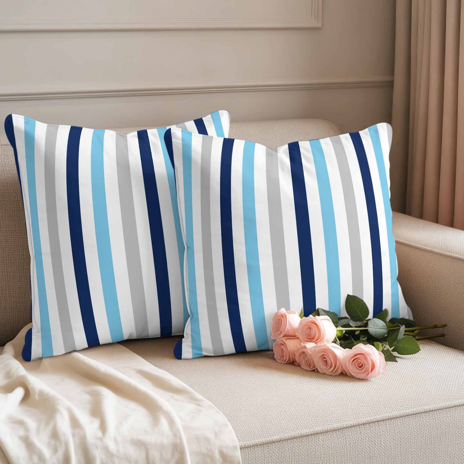 Blue Grey Stripe Outdoor Waterproof Pillow Covers, Geometric White Vertical Striped Decorative Square Throw Pillowcase Sofa Cushion Sham for Patio/Couch/Chair, 16"x16" 2 Pack