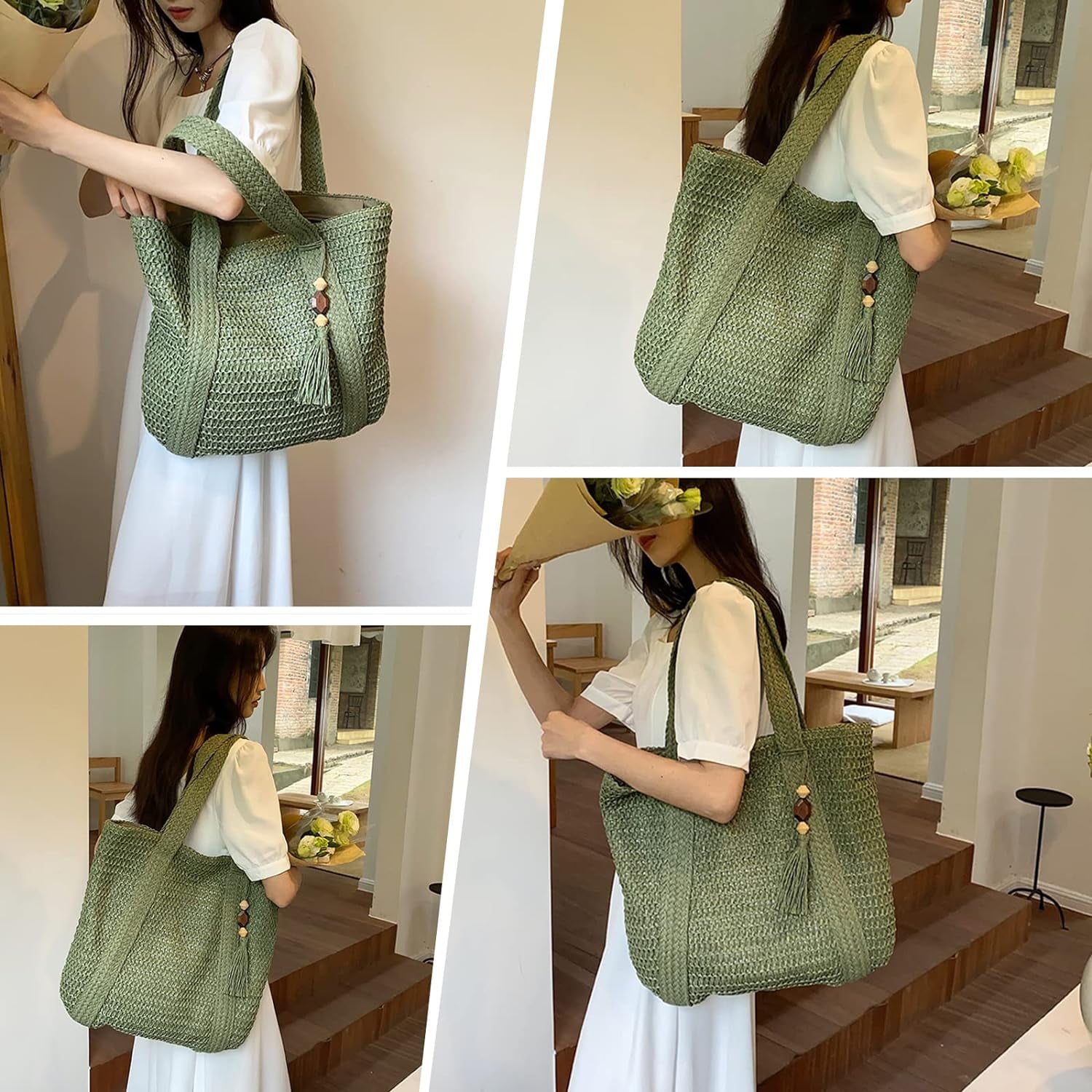 Kukuzhu Straw Beach Bag, Summer Woven Tote Bag with Tassels Large Shoulder Handbag Straw Purses and Handbags for Women