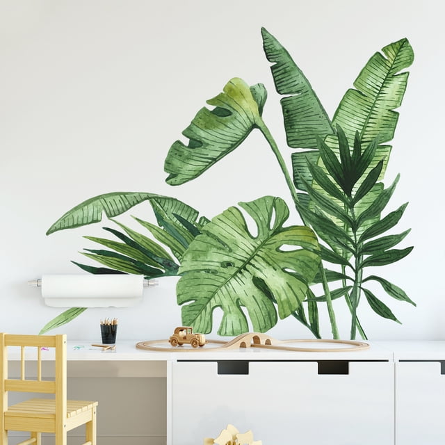 Adhesivo de pared con hojas verdes de acuarela para el hogar o el aula