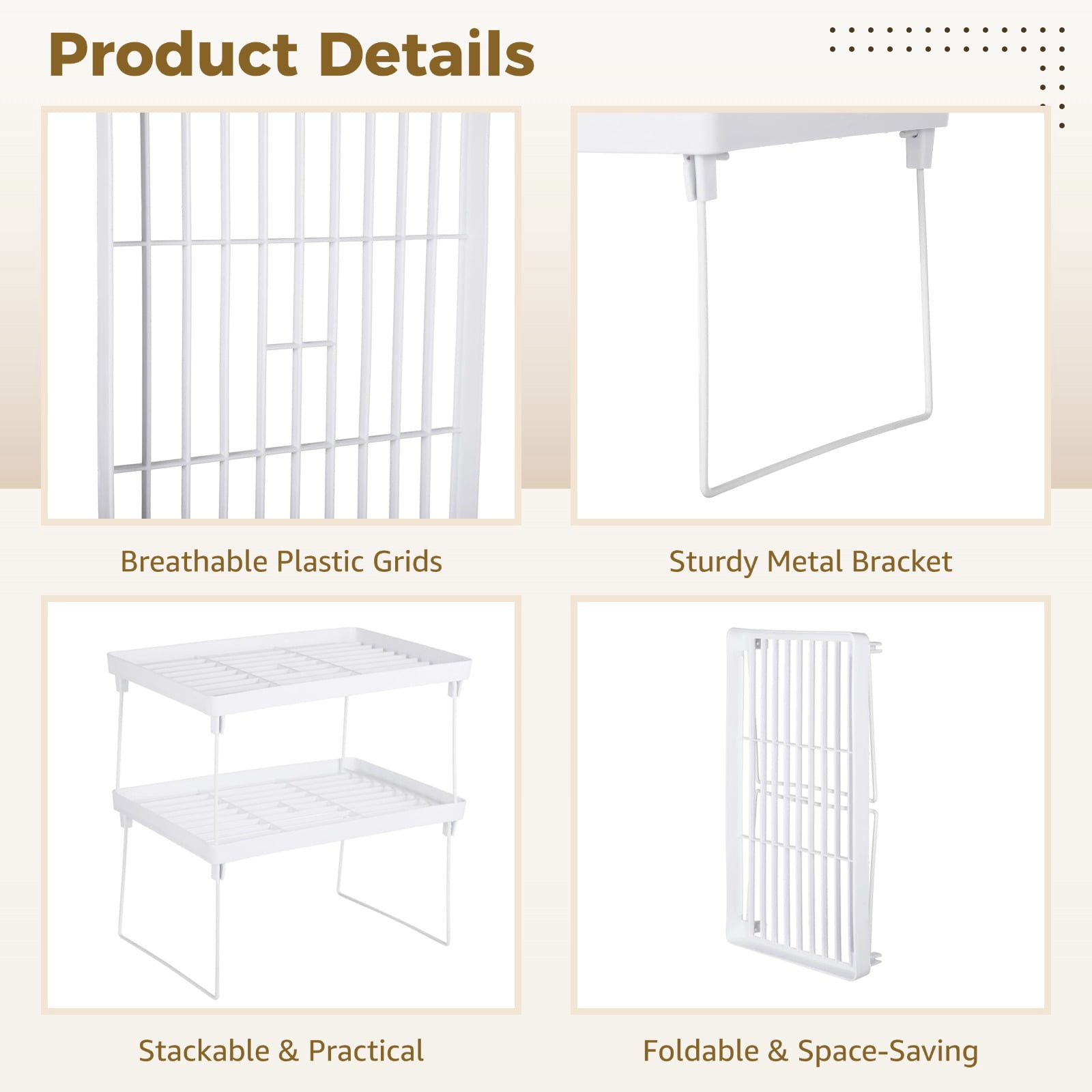 6 Pcs Foldable Organizer Shelf - 6-Tier Stackable Kitchen Rack, Organizer Shelf, White Plastic Breathable Grid with Metal Bracket, Multi-Use Storage Rack for Cabinet, Bathroom, Pantry & More