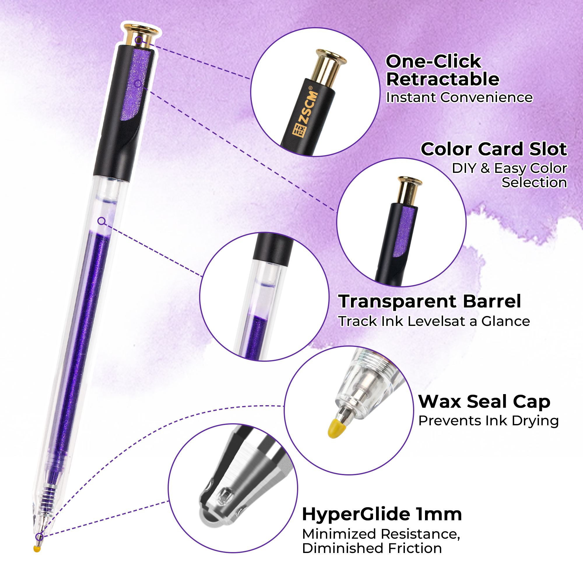 Retractable Glitter Gel Pens, 12 Colors Large Capacity Purple Glitter Metallic Gel Ink Pens, 1 mm Fine Point Smooth Writing Color Pens for Adult Coloring Book Note Taking Aesthetic Art Supplies