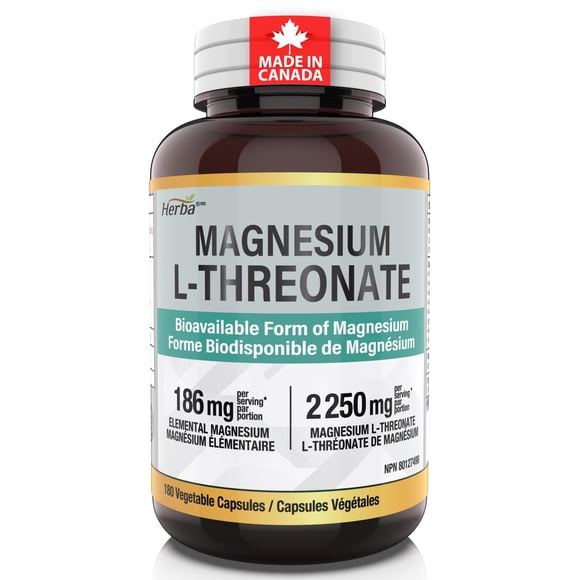 Herba Magnesium L-Threonate Supplement – 186mg of Elemental Magnesium per Serving from L Threonate - 90 Capsules | Made in Canada
