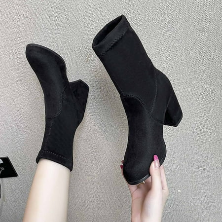 

ERTUTUYI Fashion Women Square Heel Solid Color Flock Slip On Mid Calf Boots Round Toe Shoes Black 38