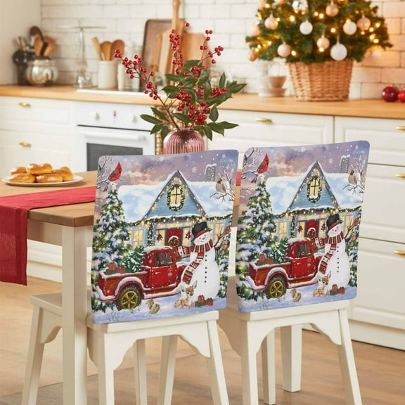 Christmas Chair Covers Set of 4 Xmas Snowman Truck Bird Pine Tree House Snow Scene Chair Back Covers Stretch Removable Washable Slipcovers Protector for Dining Room Kitchen Party Decor