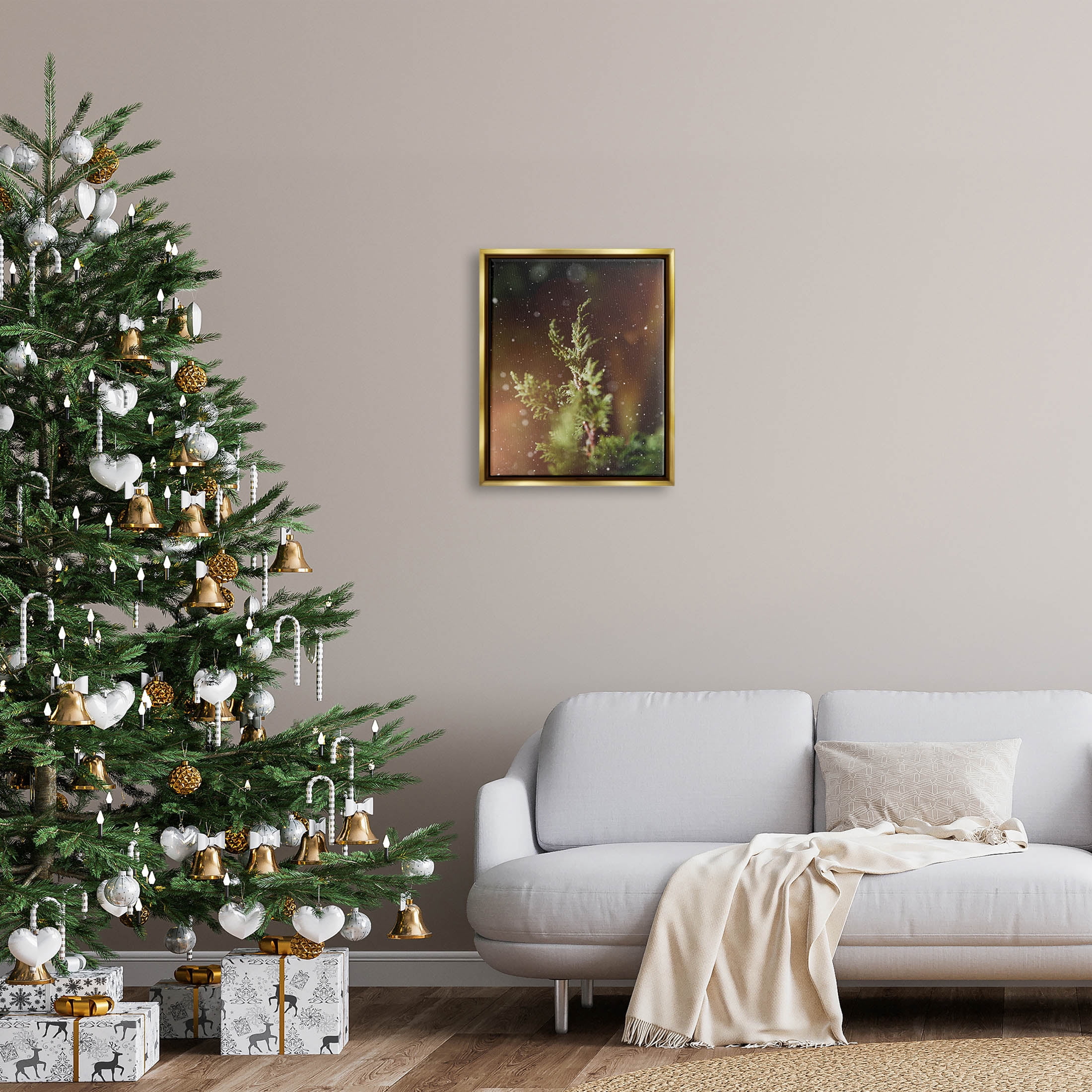 Winter Snowfall Night Pine Tree Holiday Photograph Metallic Gold Framed Art Print Wall Art