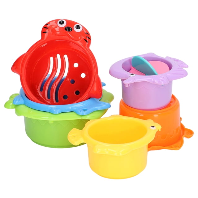 Juego de 6 tazas apilables para niños pequeños con forma de pez de dibujos animados, divertido juguete educativo para el baño del bebé.