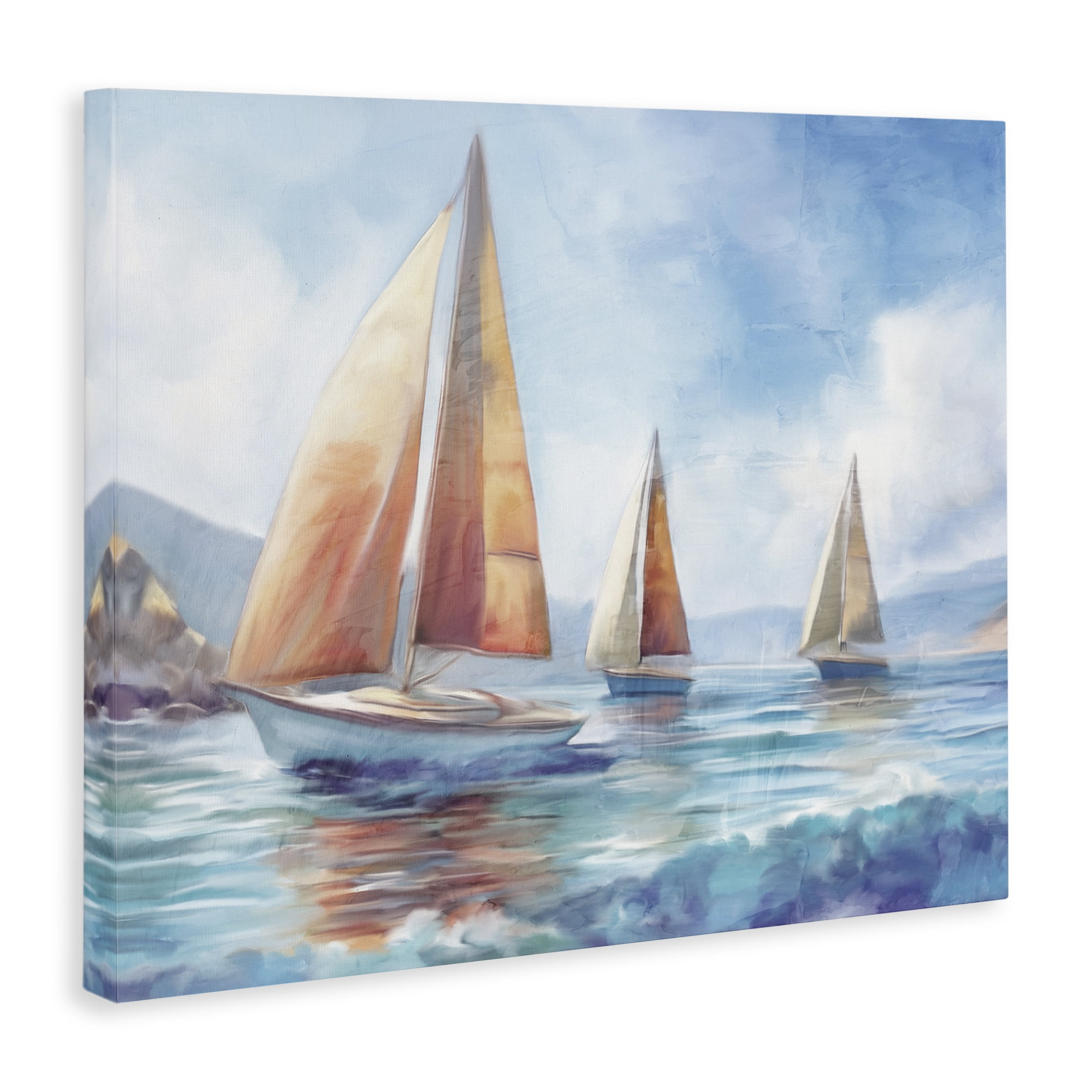 Stupell Industries Three Boats Drifting Coastal Painting Gallery Wrapped Canvas Art Print Wall Art, 40 x 30