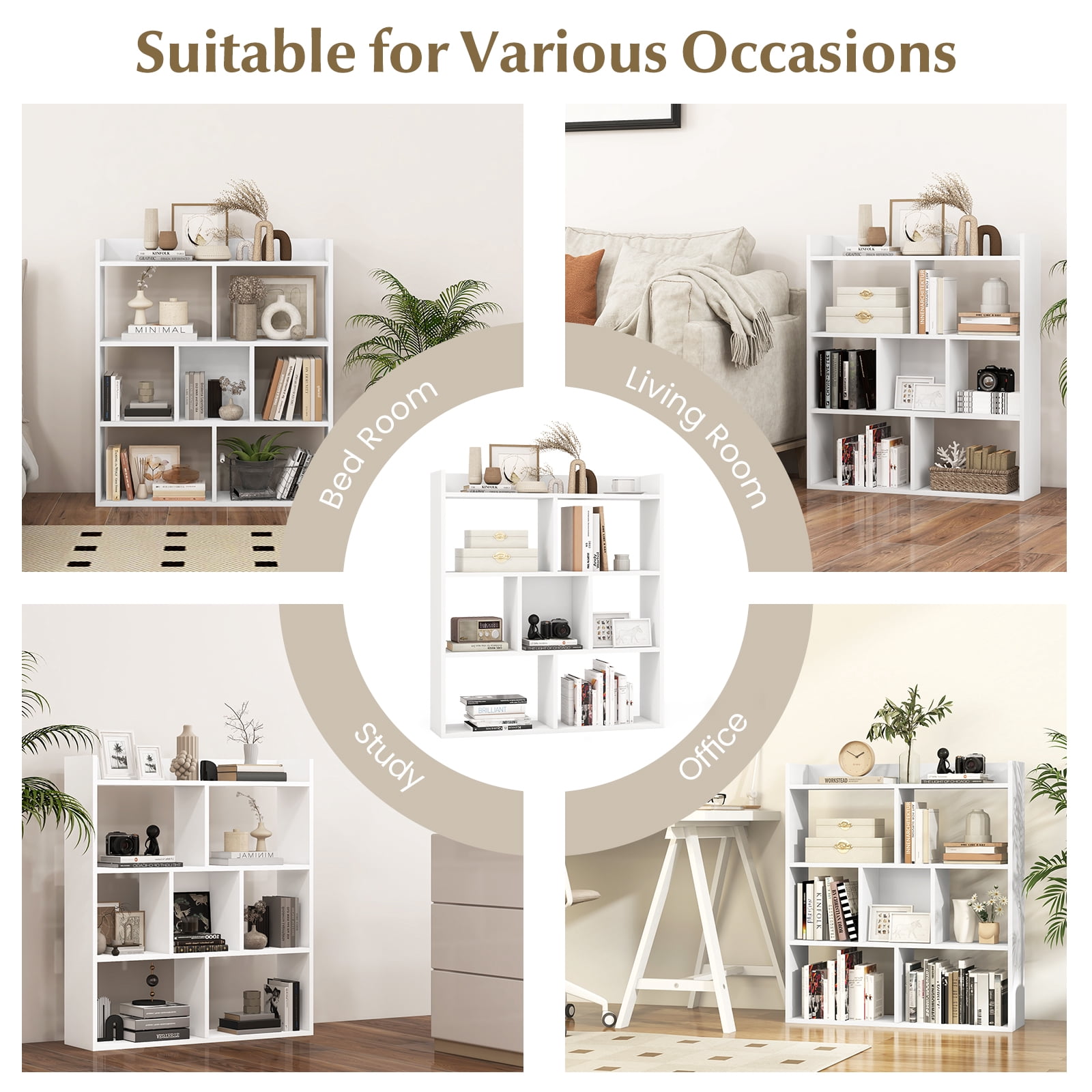 Giantex 7 Cube Bookshelf, Free-Standing Wooden Bookcase, 4 Tier Home Display Shelf, Horizontal Storage Unit for Home