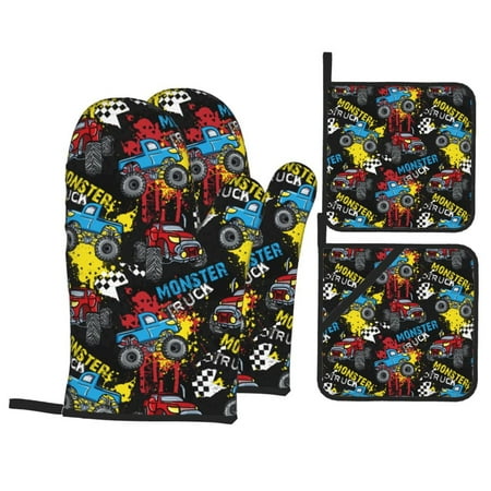 

Oven Mitts and Pot Holders 4 Piece Monster Car High Heat Slip Resistant Oven Mitt and Trivets Set Kitchen Oven Glove Pot Holders for Cooking Baking Grilling