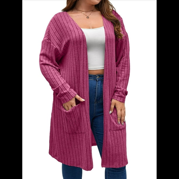 Cárdigan de Punto Ligero y Suave para Mujer, de Talla Grande, con Mangas Largas, Abierto Al Frente y Bolsillos. Rosa Roja 5XL