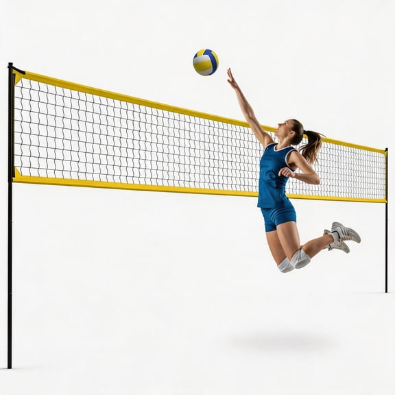 32FT Volleyball Training Net Set with Ball Return, Adjustable Heights 8'/7'8''/7'4'', Portable Volleyball Net with Ball, Pump & Carry Bag for Backyard, Beach, Indoor & Team Practice