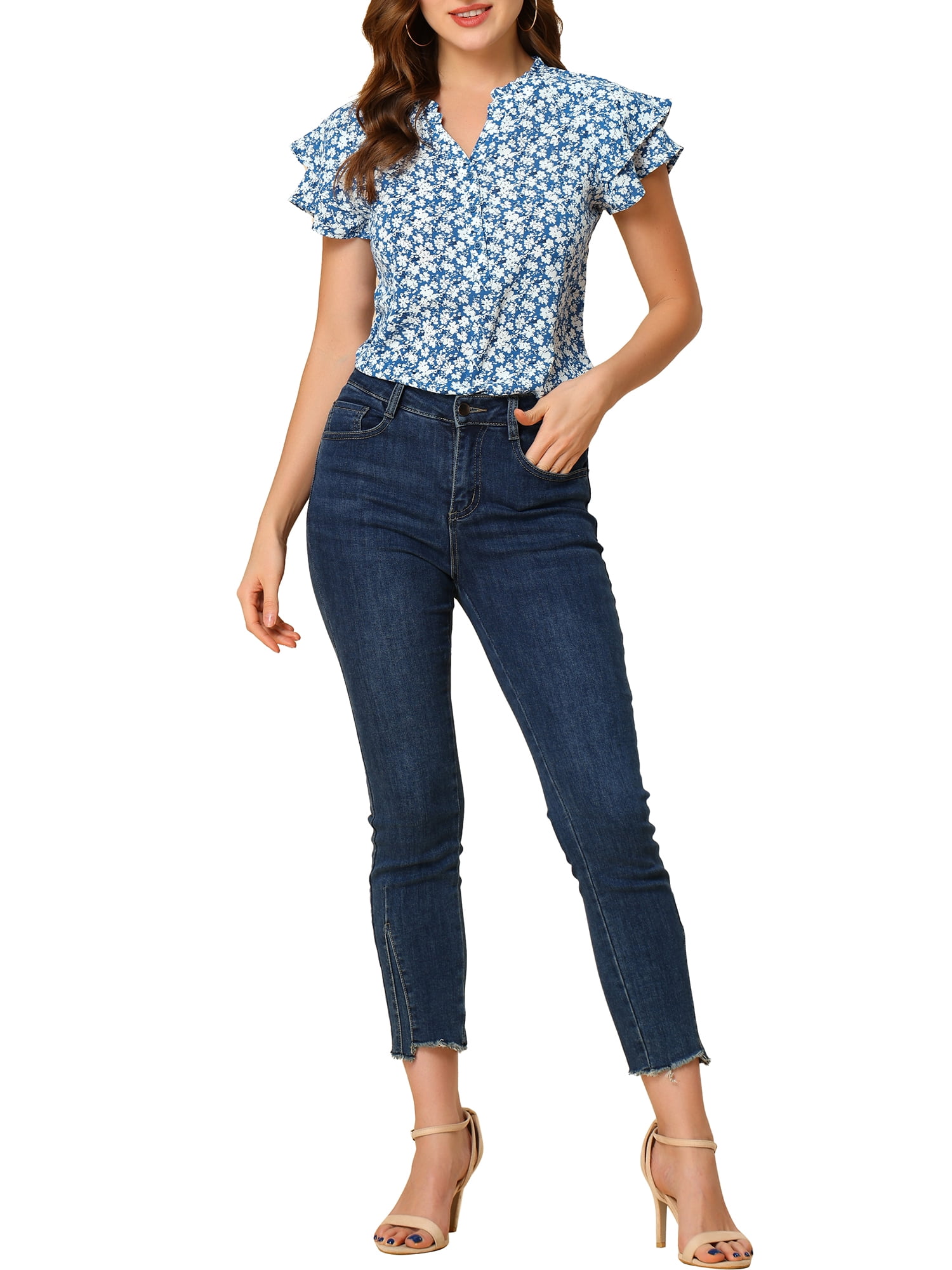 Unique Bargains Women's Floral Print Top Tiered Sleeve Button Down V Neck Blouse Blue S