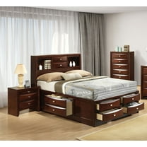 Contemporary Eastern King Size 3pc Bedroom Set Storage Bed 2x Nightstands Bookcase HB Dark Cherry Finish Solid Wood Furniture