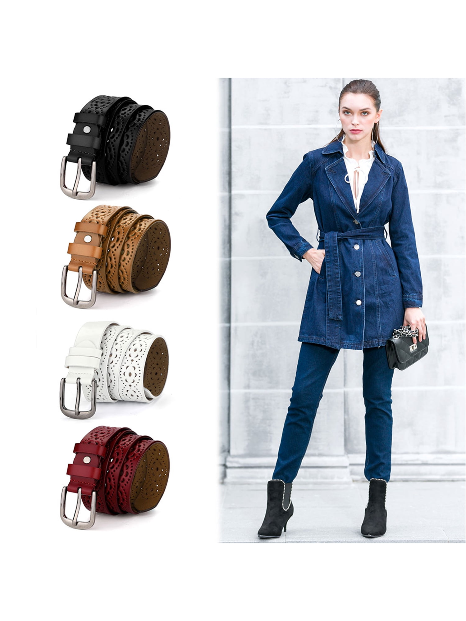 Unique Bargains Women's Vintage Hollow Floral Faux Leather PU Belt with Buckle