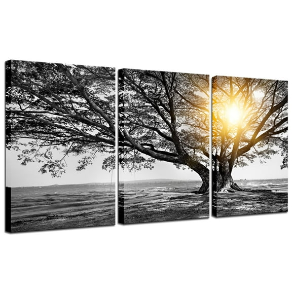 Biuteawal 3 Piece Wall Art Black White Tree at Warm Sunrise Landscape Picture Photo Canvas Prints Nature Tree of Life Painting for Home Office Living
