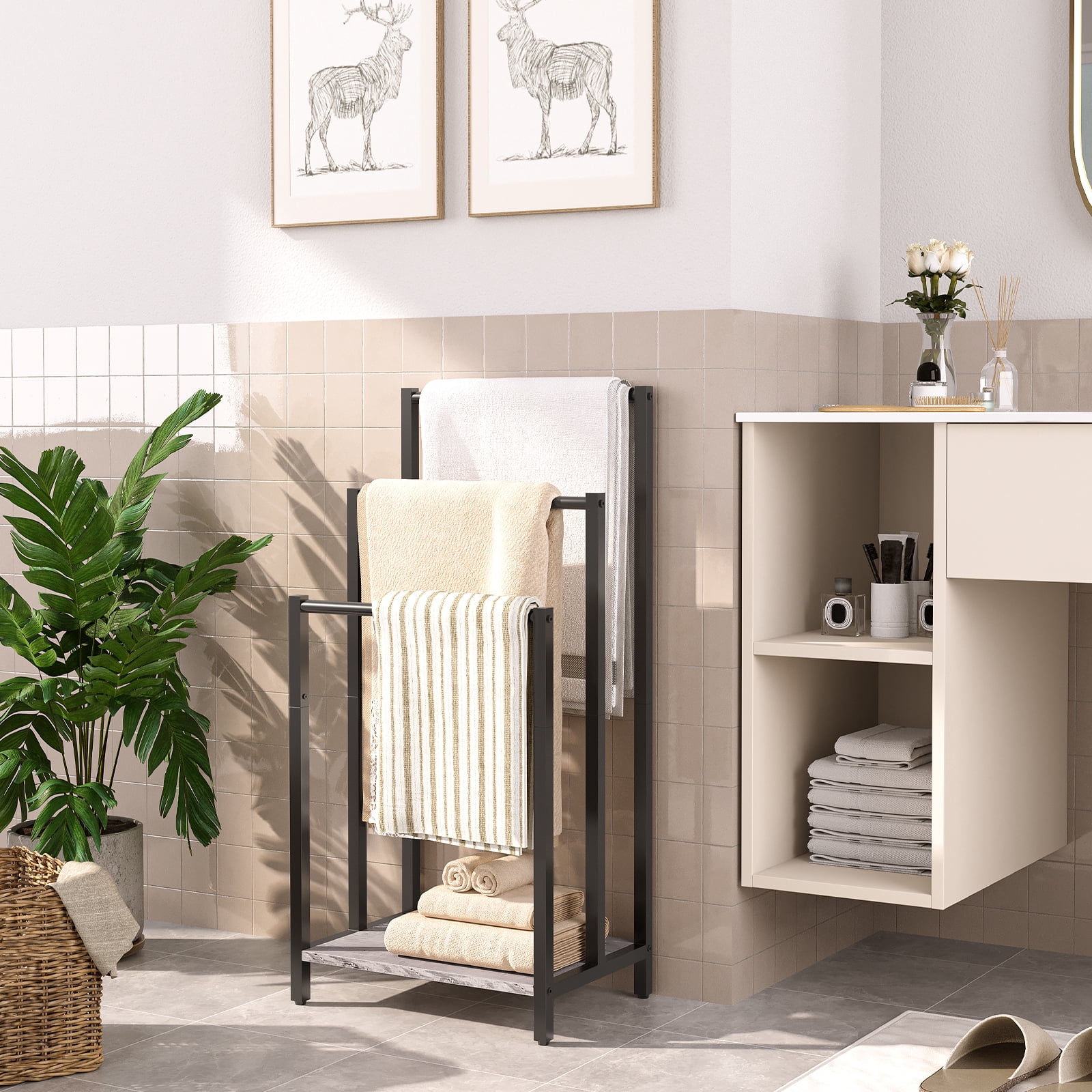 HOOBRO Free Standing Towel Rack, 3 Tier Blanket Rack, Blanket Holder for Bathroom, 16.9" L x 11" W x 31.9" H, Industrial Metal Drying and Display Rack with Shelf, Gray and Black BG03LB01
