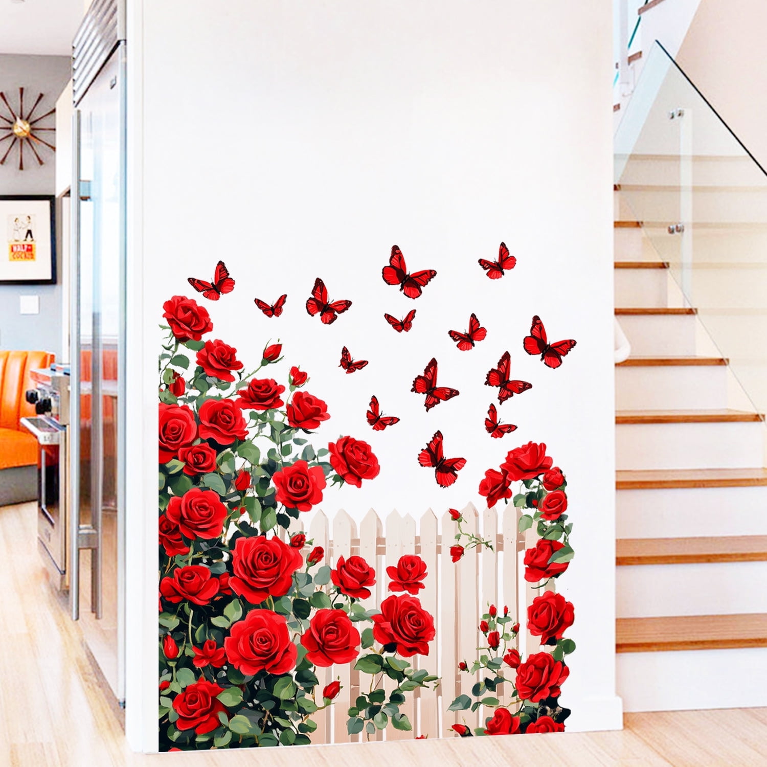 Red Rose Wall Decals Fence Butterflies Wall Stickers 35.4x39.7inch Peel and Stick Valentine's Day Wall Art Decor for Living Room Bedroom Hall Entry Home Decor