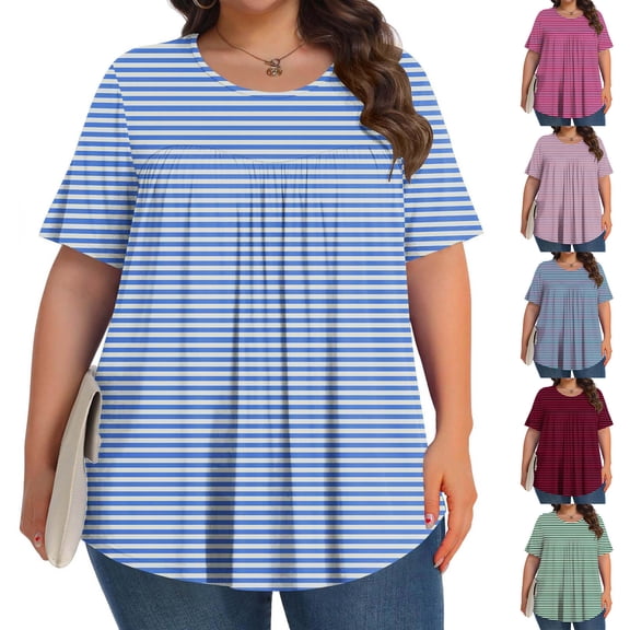 Hfnxid Womens Plus Size Tops Loose Fit Crew Neck Short Sleeve Shirt Casual Striped Pleated Blouse Summer Lightweight Comfy BlouseBlueL