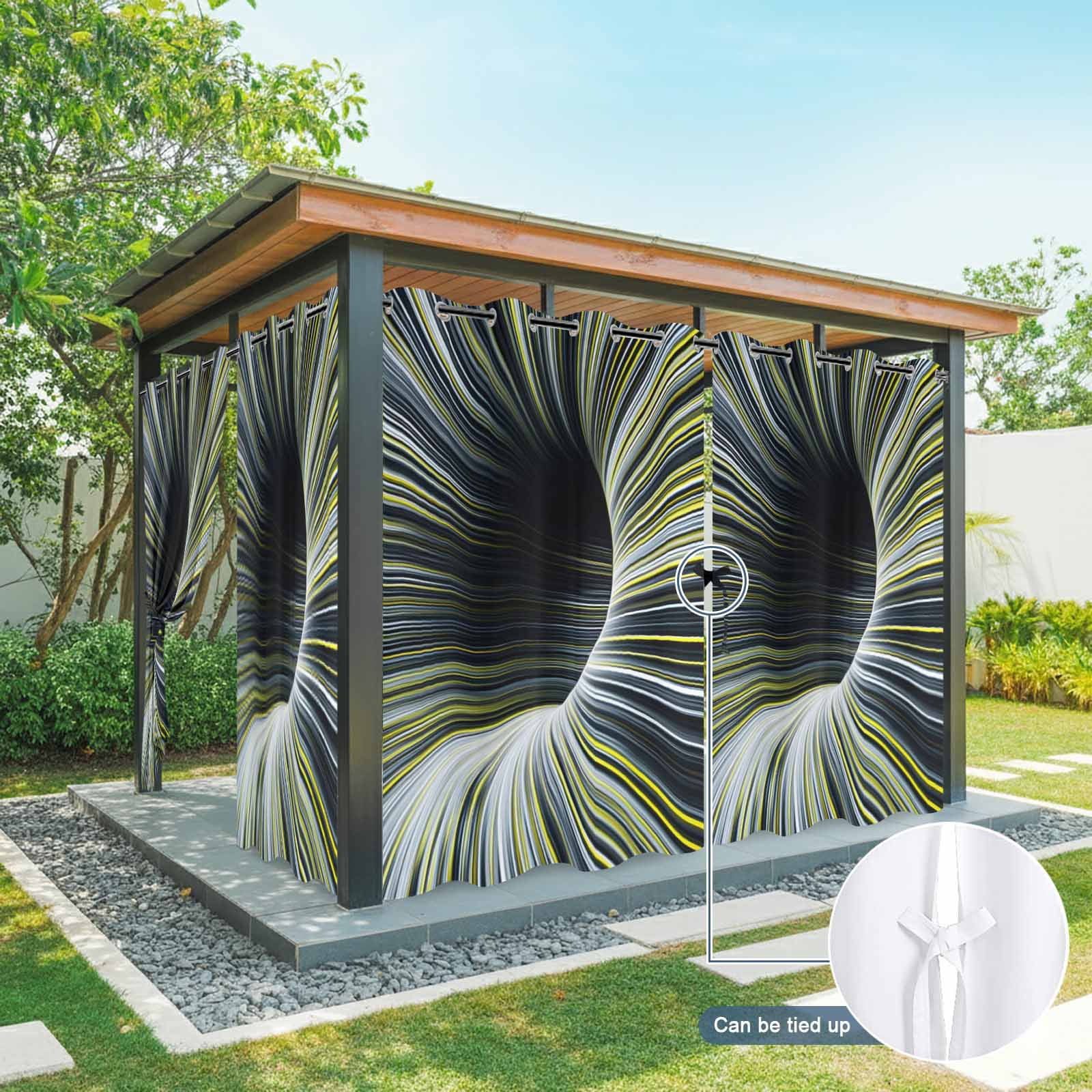 Abstract Outdoor Curtains for Patio, Lemon Yellow White Linear Warp Optical Tunnel Concentric Line Sunshade Privacy Drapes Grommet Waterproof Outside Curtains for Porch Balcony 54"x108", 1 Panel