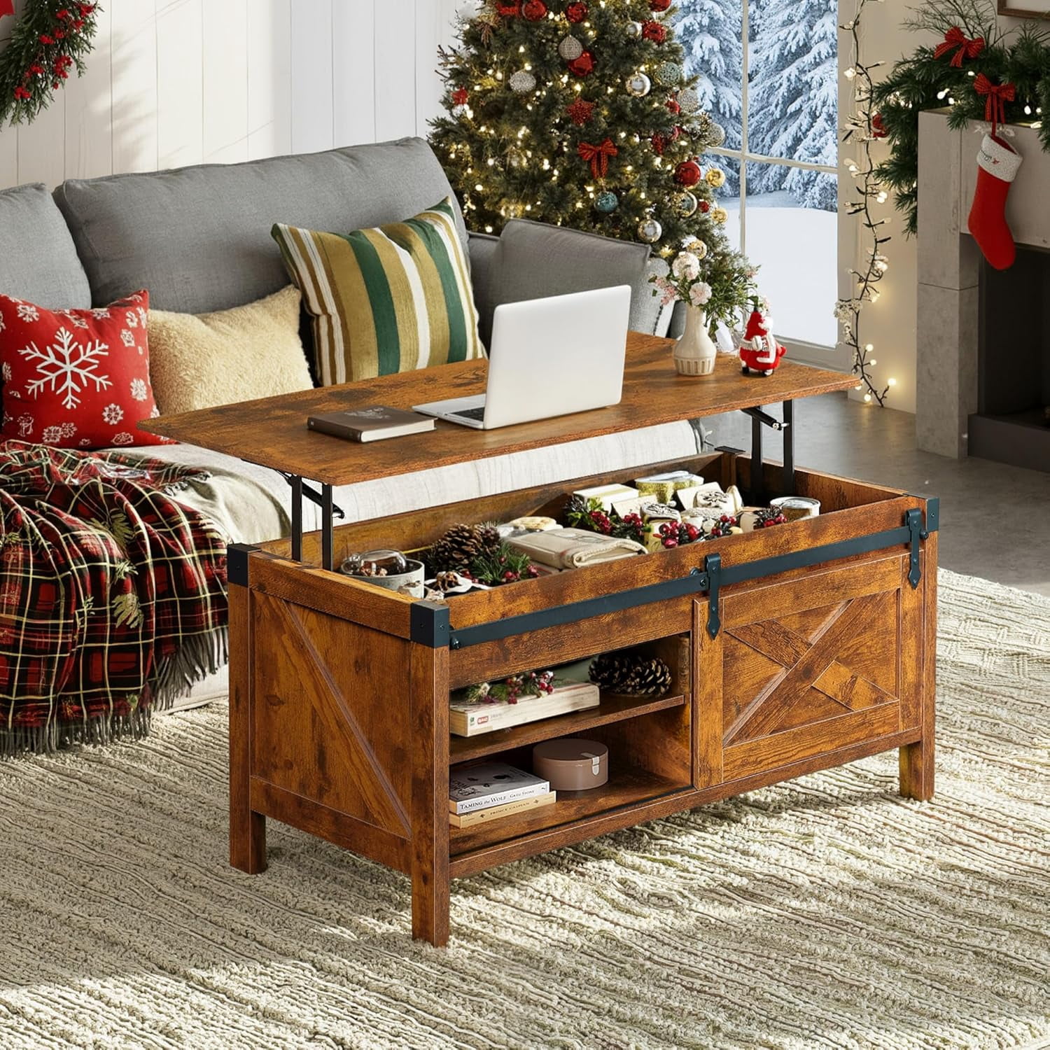 GALAXHERO 39.4" Farmhouse Large Coffee Table Lift Top Coffee Table with Hidden Storage Compartment Sliding Barn Doors Modern Wood Center Table for Living Room Rustic Brown