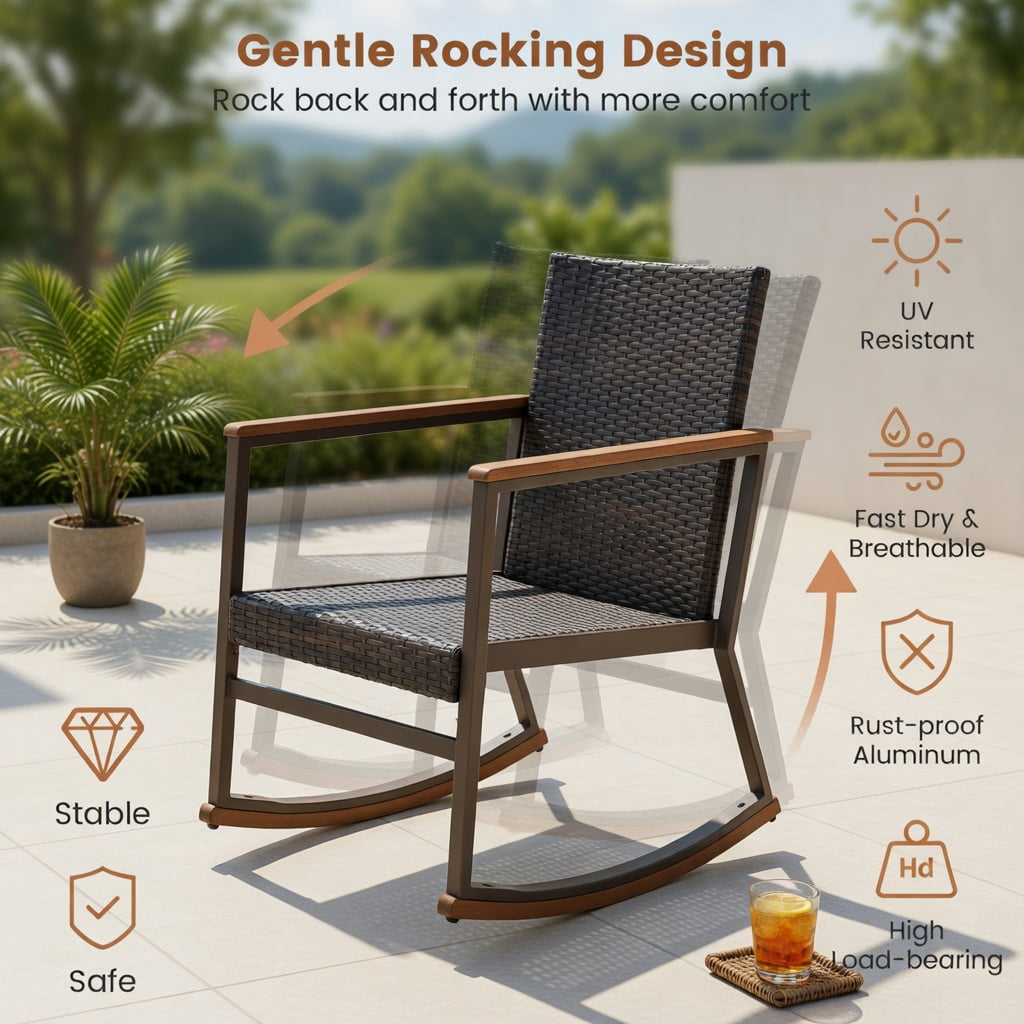 Hommoo 3-Piece Outdoor Rattan Rocking Bistro Set, Cushions, Acacia Wood Coffee Table, PE Rattan Chairs with Ergonomic Design, Gray