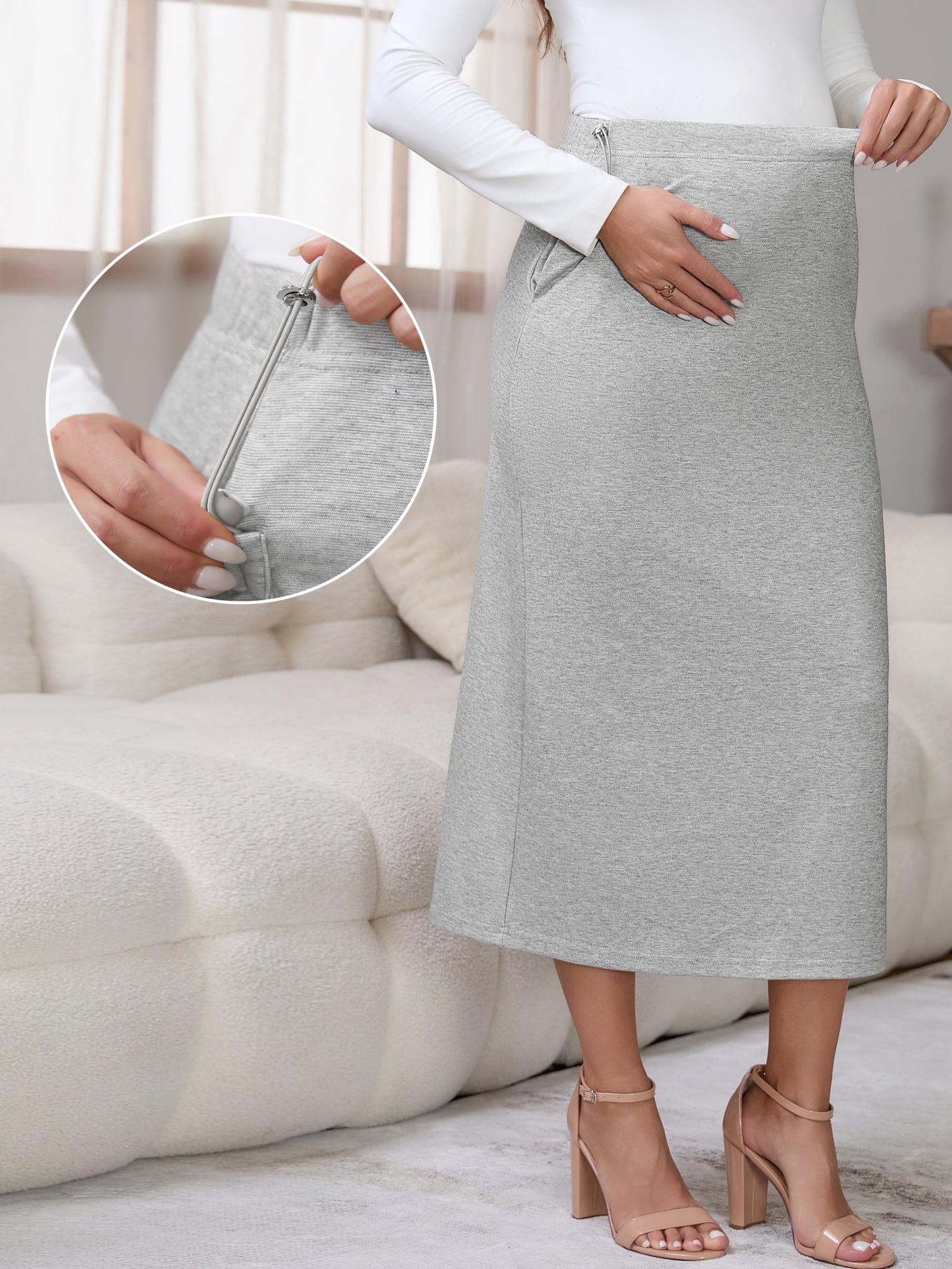 DARING DIVA Women's Midi Skirt Adjustable High Waist Over Belly Stretchy Jersey L Gray