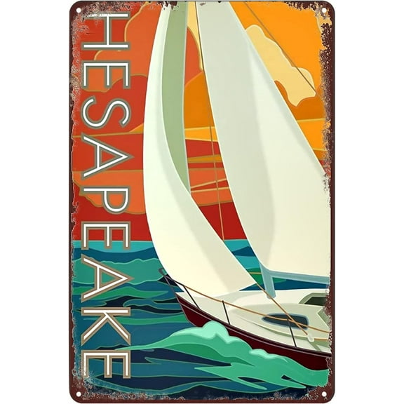 Vintage Metal Signs Chesapeake Bay Travel Poster City Trip Landscape Sailboat Tin Sign Wall Art Decor Plaque for Home Bar Cafe Club Office Hotel Shop Garage Living Room 8x12 inch