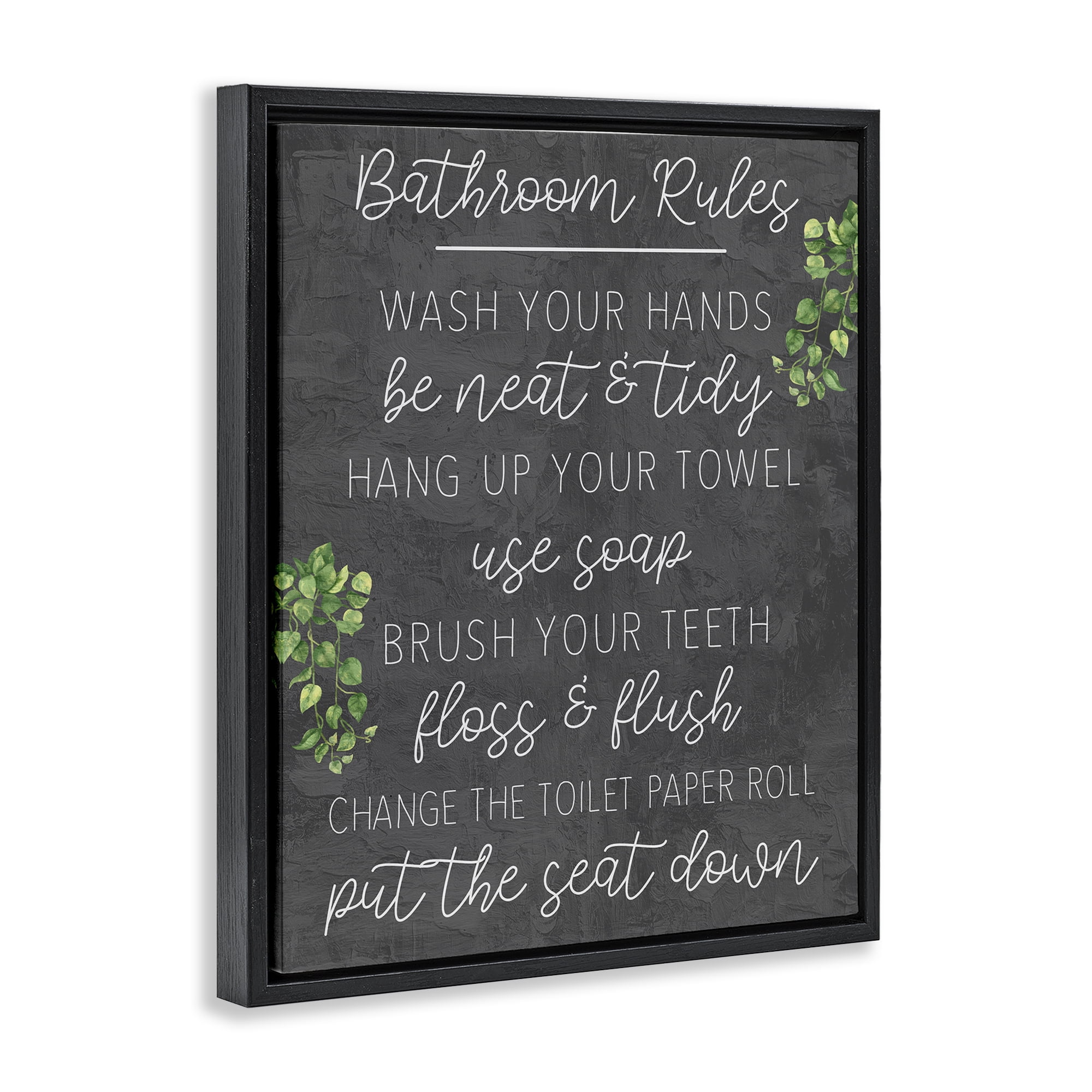 Stupell Industries Bathroom Rules with Greenery Bath & Laundry Painting Black Floater Framed Canvas Art Print Wall Art, 25 x 31
