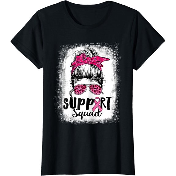 Support Squad Messy Bun Pink Warrior Breast Cancer Awareness T-Shirt