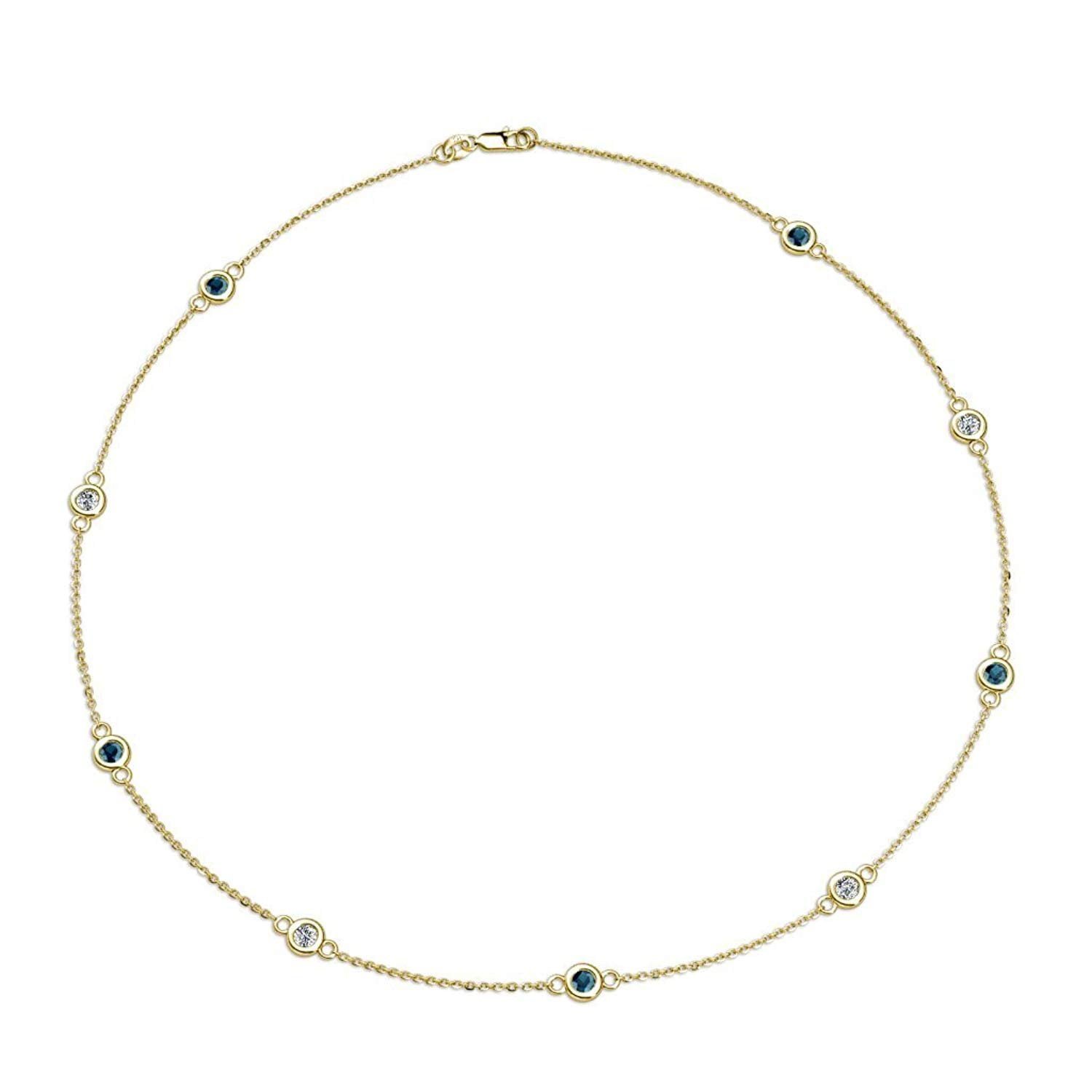 Blue and White Diamond (SI2-I1, G-H) 9 Station Necklace 1.35 cttw in 14K Yellow Gold by TriJewels