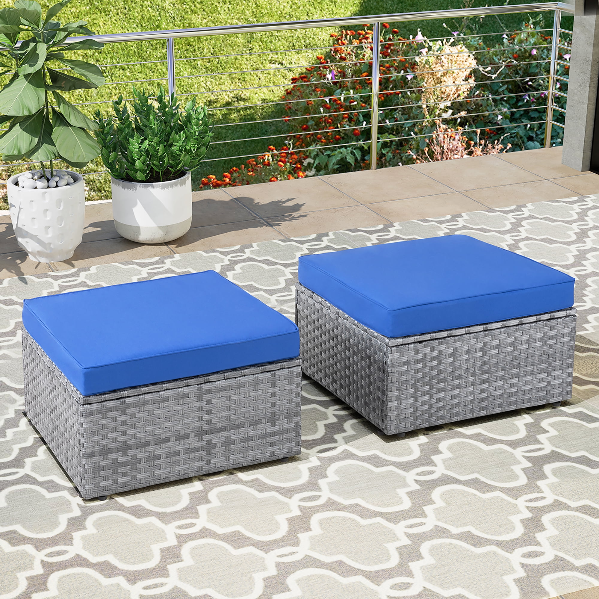 Wicker Ottoman Set of 2, All Weather Gray Rattan Patio Ottoman Set
