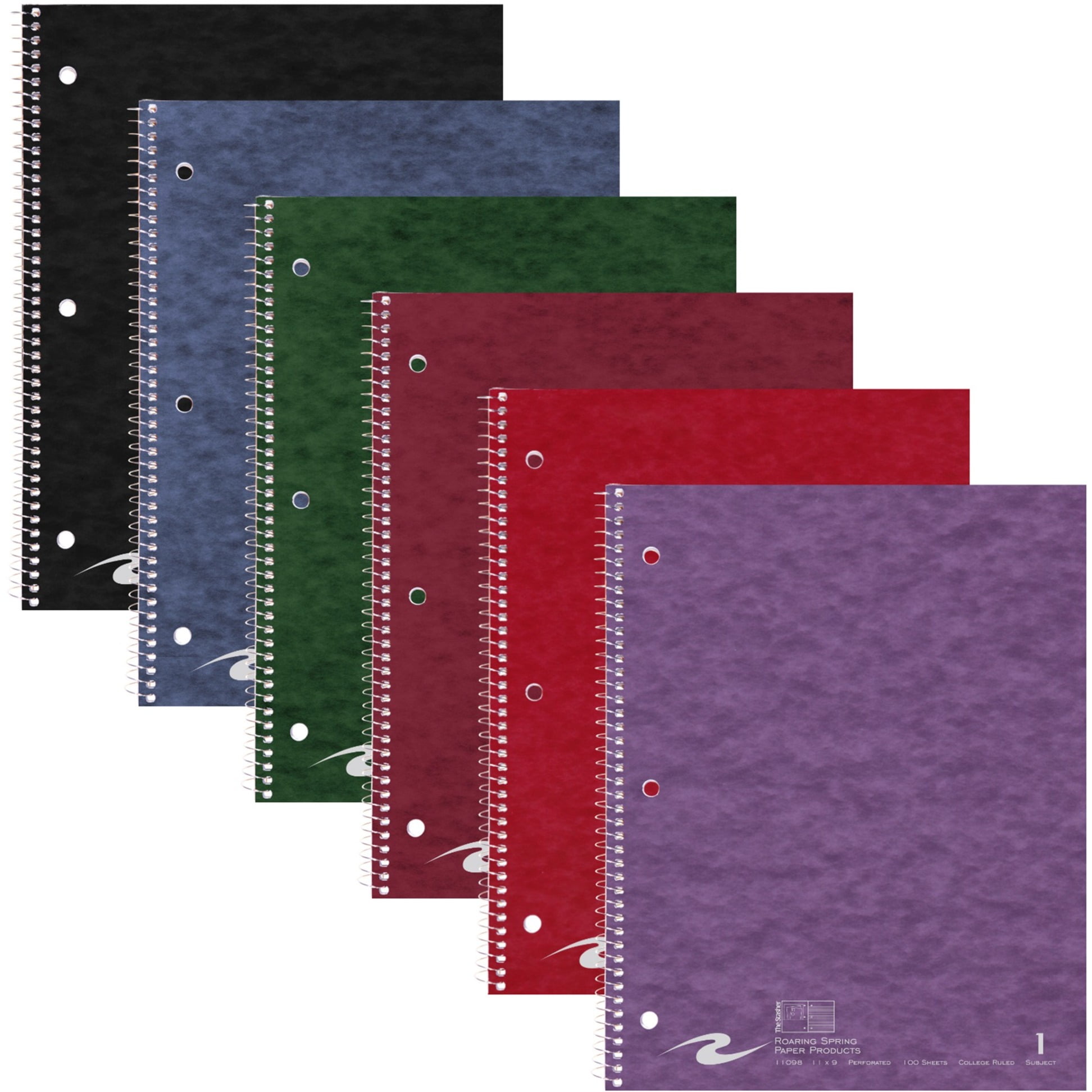 Roaring Spring Stasher College Ruled One Subject Spiral Notebook, 3 Hole Punched, Cover Pocket, 1 Case (24 Notebooks Total), 11" x 9" 100 Sheets, Assorted Colors