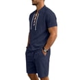 thumbnail image 3 of Mens Linen 2 Piece Set Short Sleeve Retro Medieval Viking Lace Up Henley Pirate Shirt and Shorts Summer Distressed Vacation Outfits Navy, 3 of 8
