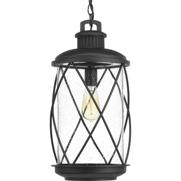 Progress Lighting Hollingsworth 1-Light Outdoor Black Hanging Lantern with Clear Seeded Glass