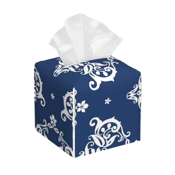 Leather Tissue Box Cover Square - Traditional vintage navyblue print Waterproof Tissue Box Holder Paper Case Organizer Dispenser for Modern Home Office Room Home Bathroom Decor