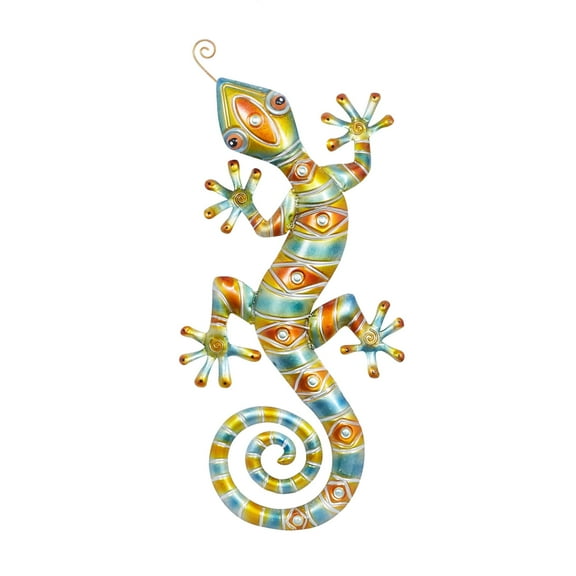 DecMode Multi Colored Metal Indoor Outdoor Lizard Wall Decor with Diamond and Swirl Details