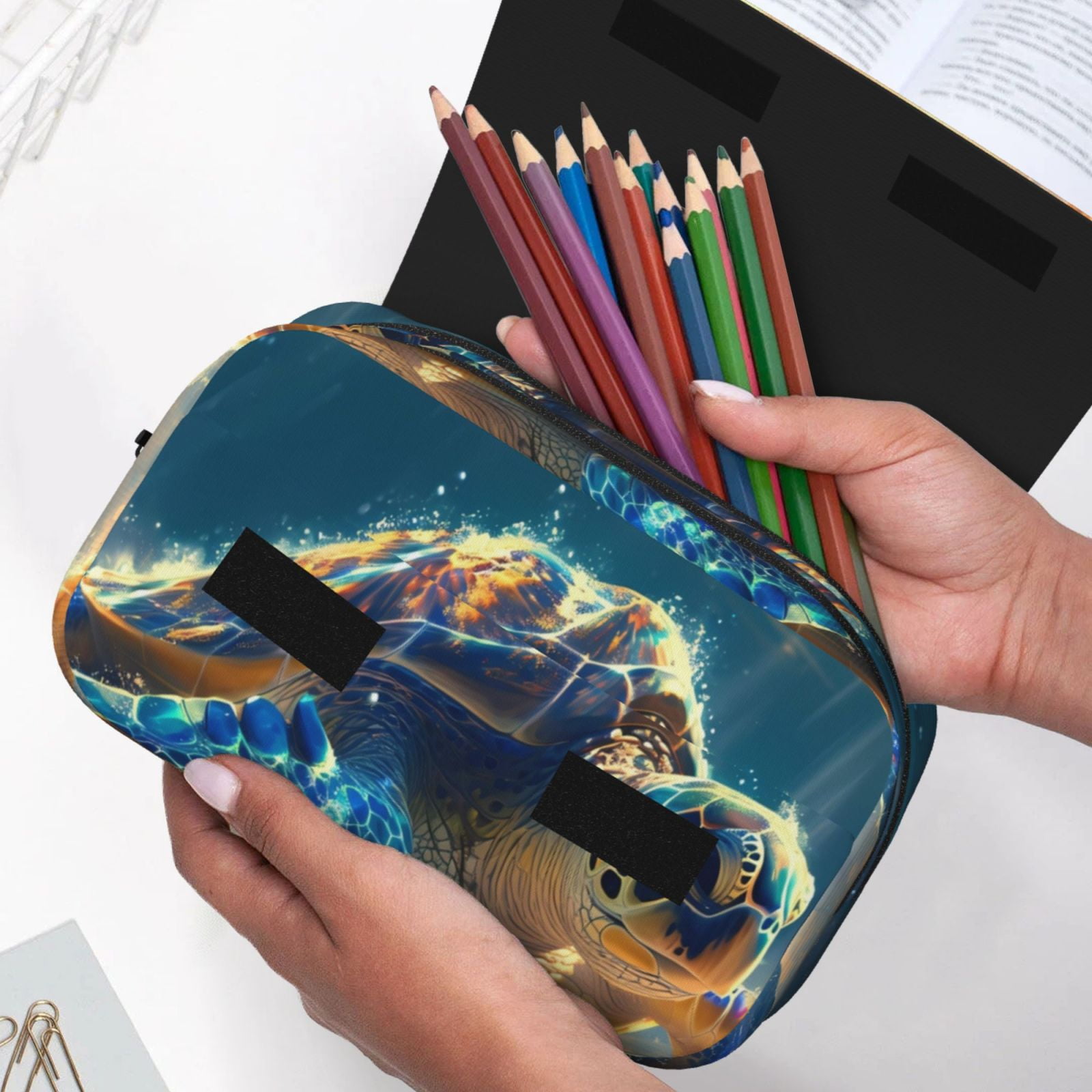 Rateoe Sunshine Underwater Sand Turtle Pattern Double Clamshell Pen Case, Storage Organizer with Two Zipper Compartments– Holds Up to 50 Pencils & Pens
