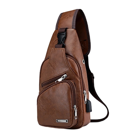 Leather Sling Bag Crossbody Backpack for Men Women, Travel Outdoor Camping Chest Bag with USB Port for Charging, Lightweight Leather Daypack for Hiking Daily Commute (Light Brown)