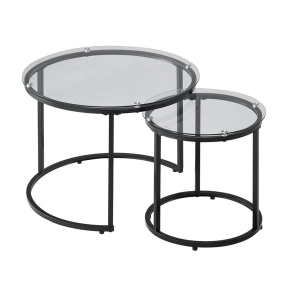 Nesting Coffee Table Set of 2, 23.6” Round Glass Tables for Small Space, Modern End Side Tables with Metal Frame, Living Room Bedroom Office