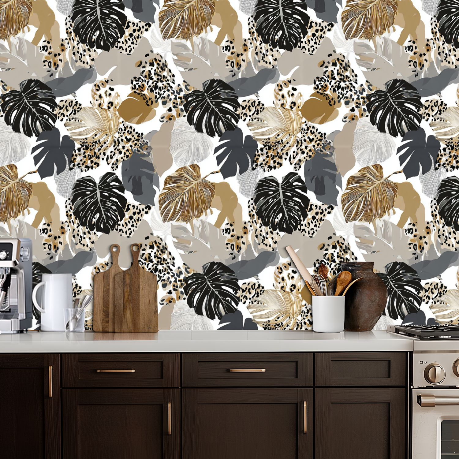Peel and Stick Wallpaper 17.7in x 9.8ft Monstera Leaves Leopard Print Seamless Earth Tones Contact Paper Vinyl Self-Adhesive Removable Wall Paper for Bedroom DIY Home Decor Renter Friendly