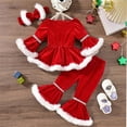 thumbnail image 4 of shqvo Toddler Christmas Outfit Girl Bell Bottoms Velvet Long Sleeve Ruffle Top Flare Pants with Headband 3Pcs Girls Christmas Clothes, 4 of 7