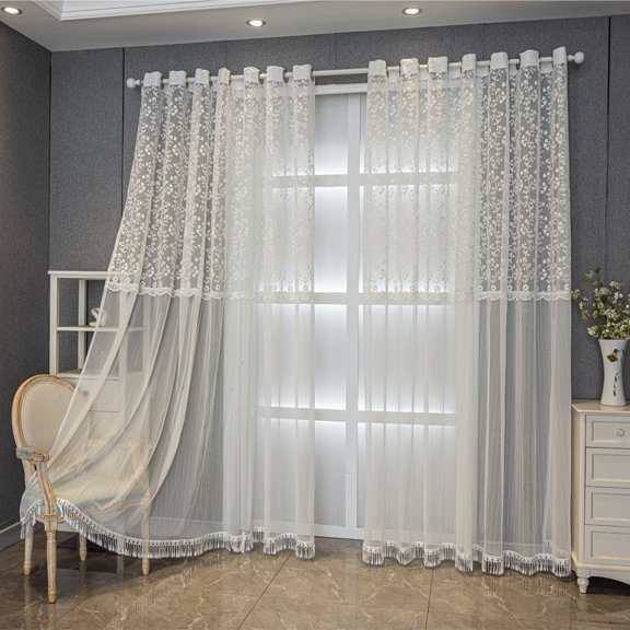 Sunyuer Ginkgo Embroidery Sheer Curtains, Grommet Window Treatment Voile Panel Drape for Living Room Kichen, 2 Panels