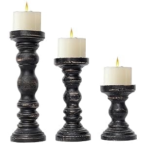 Set of 3 Black Wood Pillar Candle Holders, Vintage Distressed Candlestick Stands for Farmhouse Home Decor and Table Centerpieces