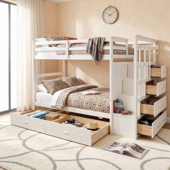 Twin Over Twin Kids/Teens Bunk Bed with Buit-In Staircase, Wooden Storage Bed Frame with 6 Drawers