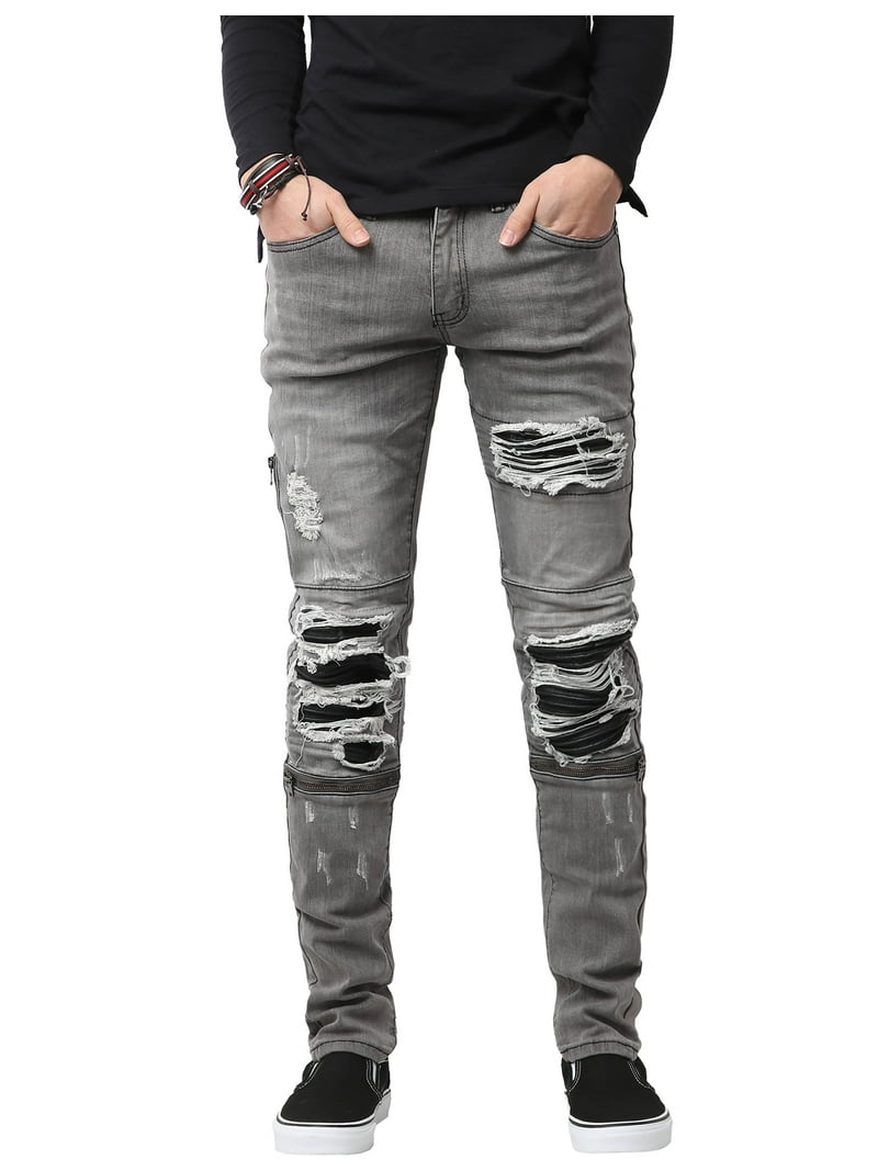 Men's Fashion Slim Fit Distressed Ripped Zipper Stretch Biker - Main Image