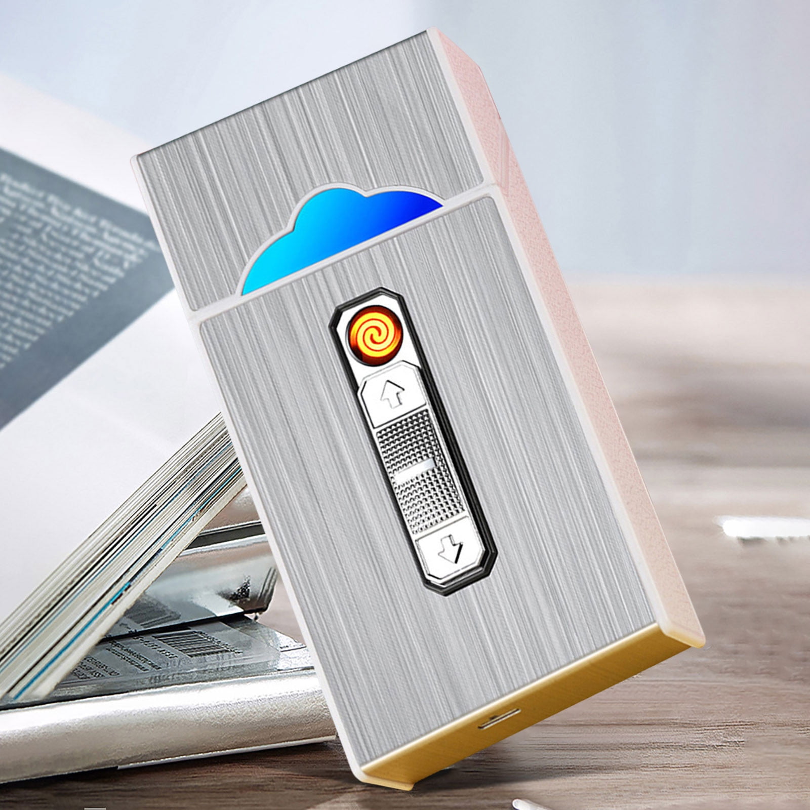 Cigarette Case with Lighter Cigarettes Box King Size Portable Pack 20pcs  Regular Size Cigarettes USB Lighters 2 in 1 Rechargeable Flameless  Windproof Electric Lighter(Silver)