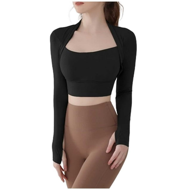 HVOBTTY T-shirt Sportif à Manches Longues pour Femmes, T-shirt Décontracté Uni Faux 2 Pcs avec Coussinets de Poitrine Manches Longues Col Rond Ajusté Noir, P